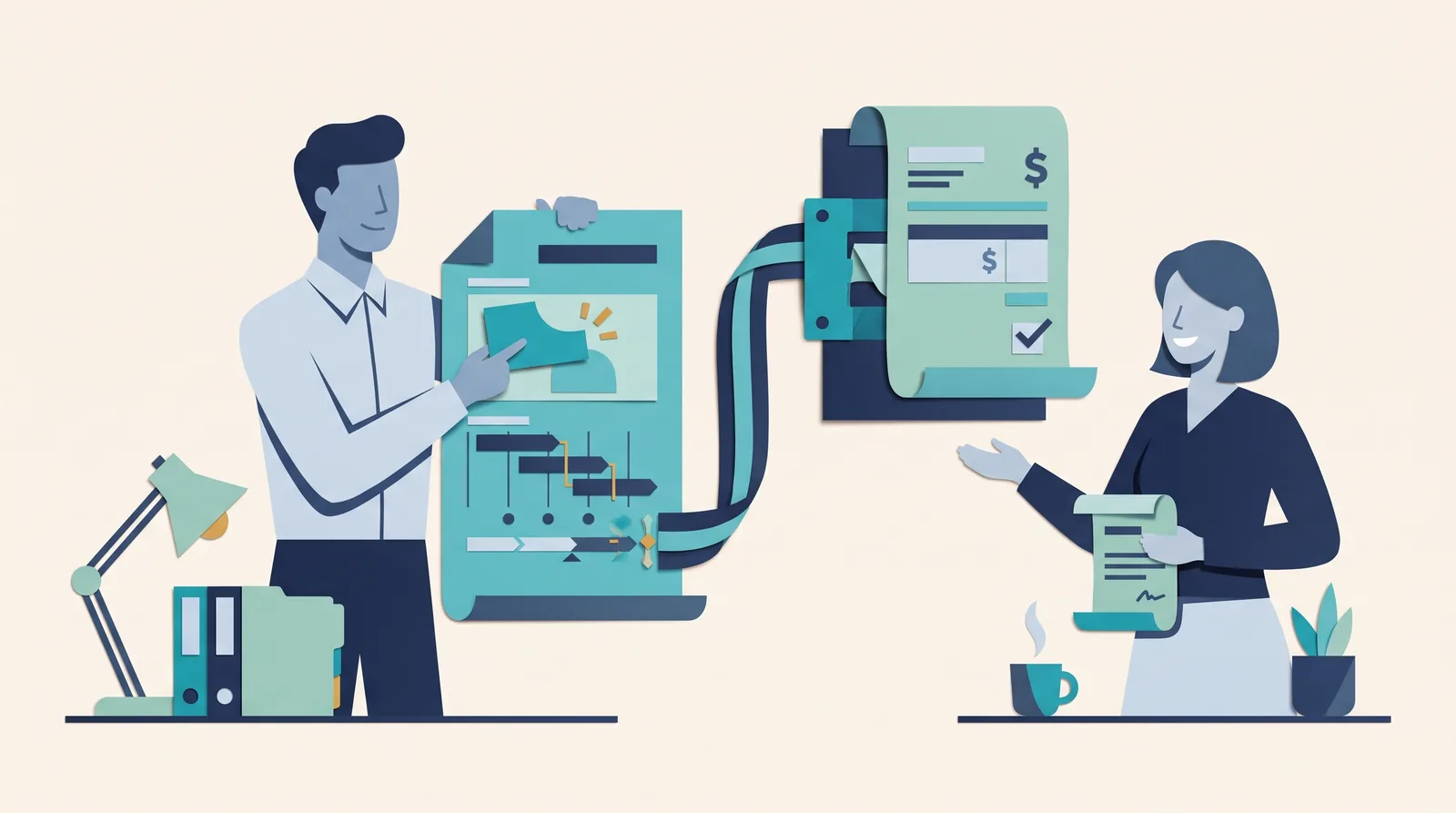 Colleagues connect a project timeline and task board with invoices and payment records through a shared teal pathway.