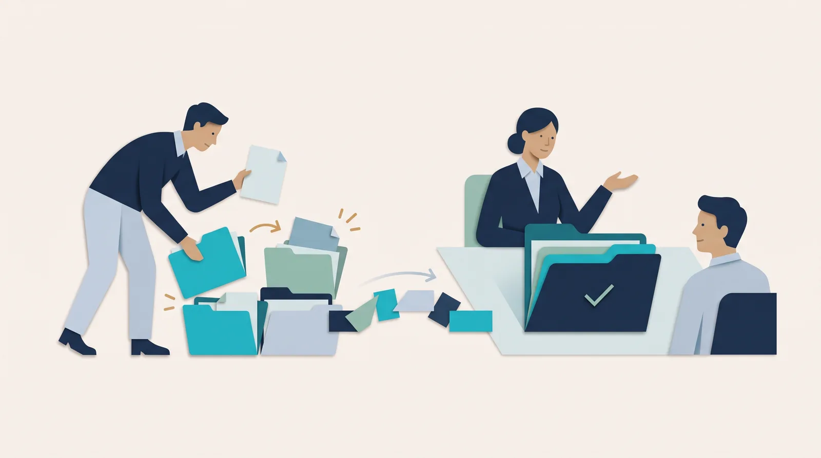 Scattered project documents and messages converge into a shared client folder as colleagues coordinate invoicing at a desk.