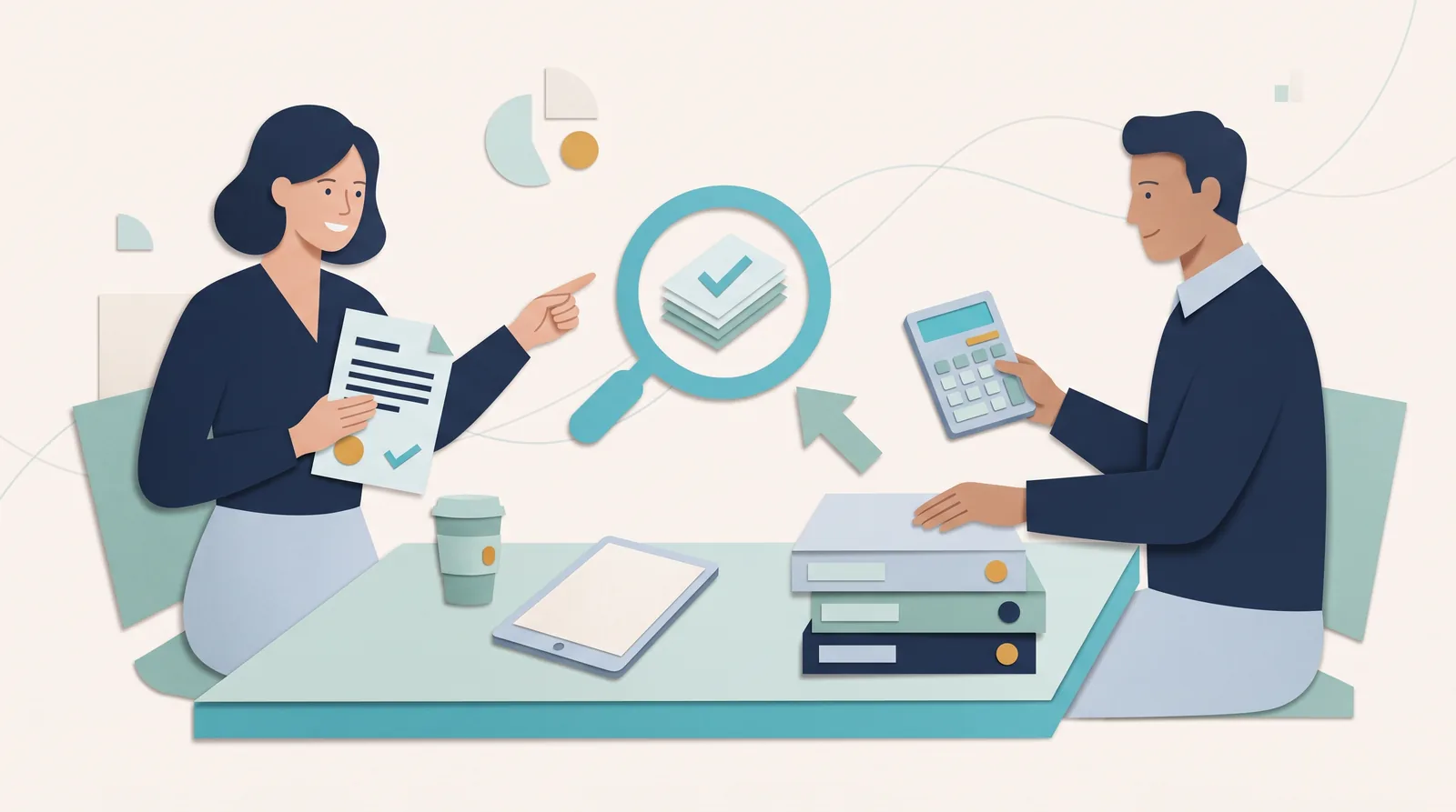 Two colleagues calculate project profitability with a calculator and financial records while a magnifying glass highlights stacked revenue documents.