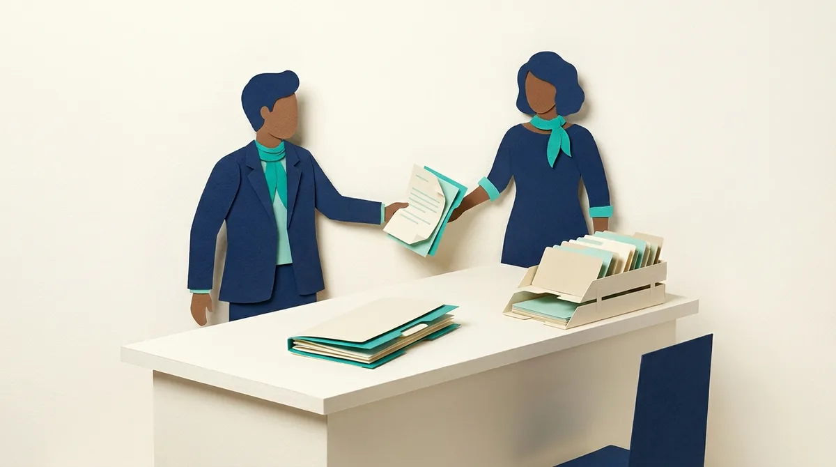 Two paper figures exchange a property folder across an office desk.