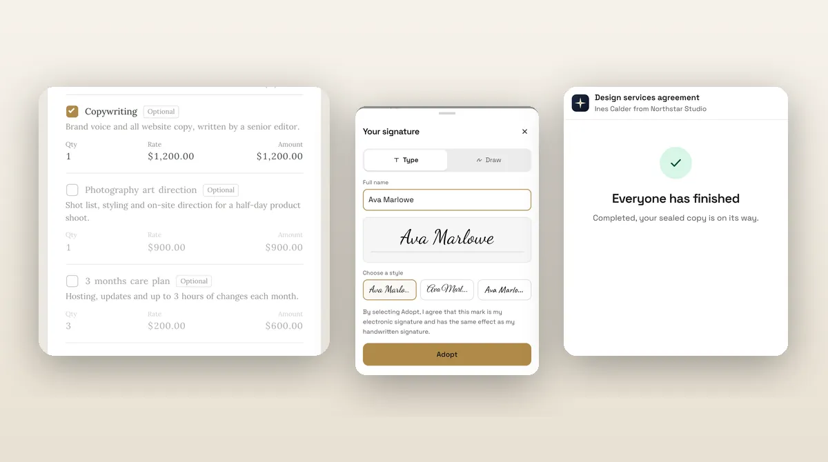 Een optionele copywriting add-on aangevinkt op een offerte, het handtekening-adoptieformulier en de "Iedereen is klaar"-bevestiging.