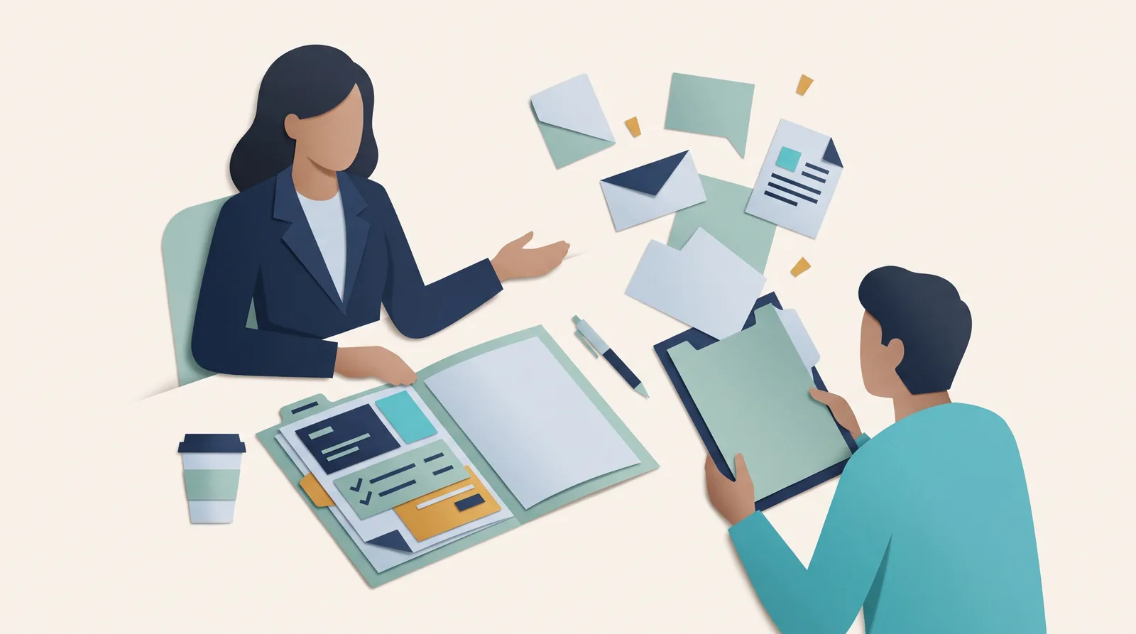 Colleagues review customer billing records in an open folder while messages and documents float between them.