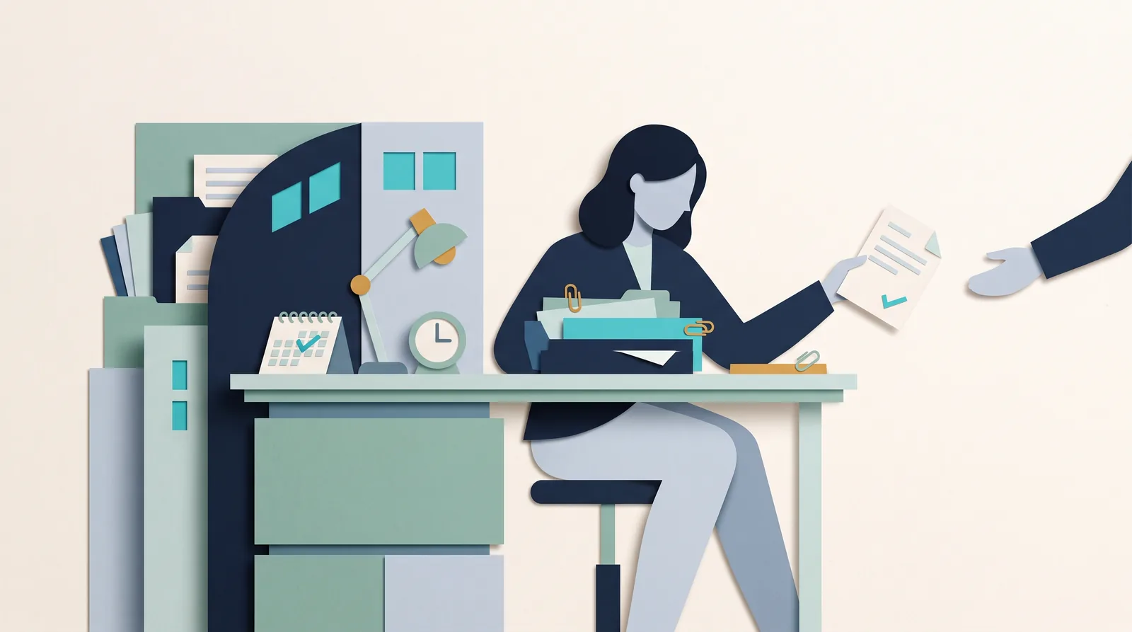 A service professional hands a checked invoice to a client from a desk surrounded by project folders, a calendar, and a clock.