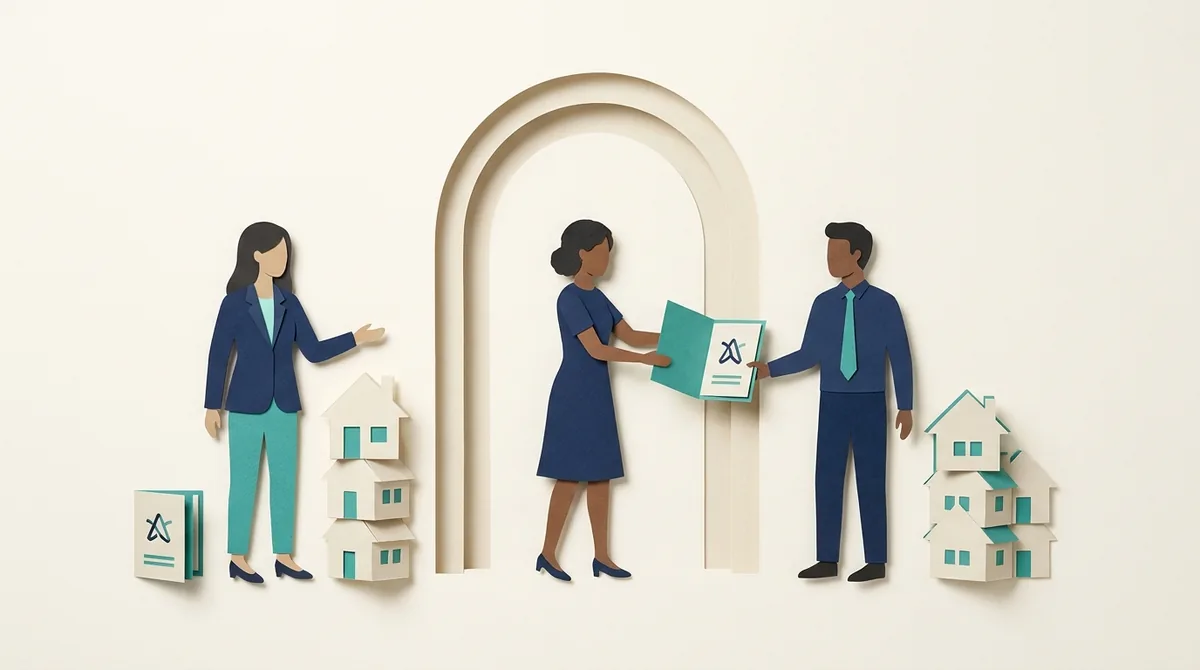 Three paper figures exchange a property brief beside miniature houses.