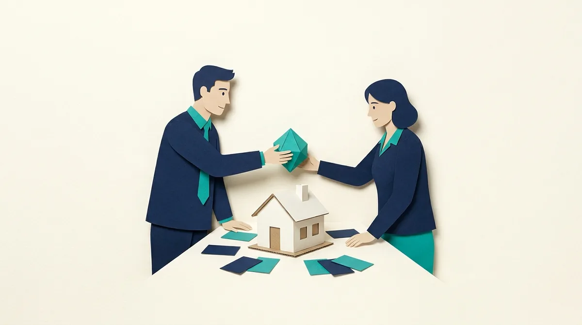 Two paper figures exchange a client card across a model house.