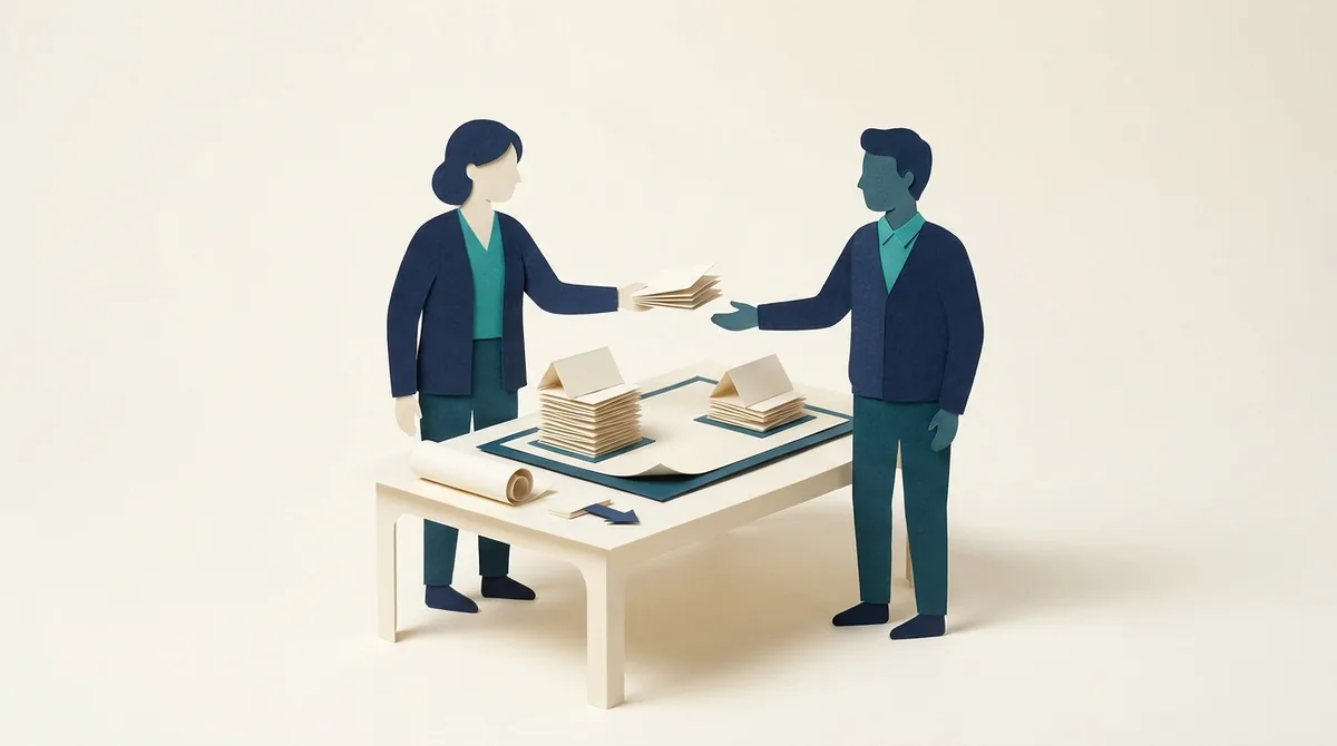 Paper figures exchange a training brief across a workshop table with separate cohort records.
