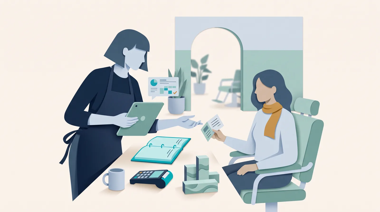 A salon professional and client review an appointment book and service paperwork beside payment and product supplies.