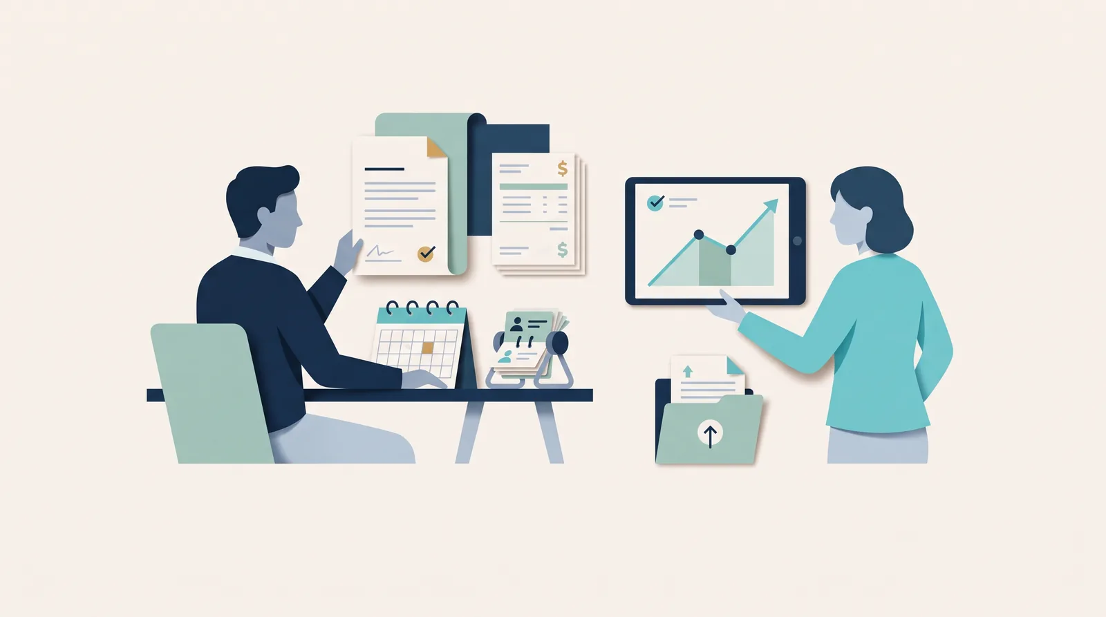 Agency colleagues compare client documents, scheduling, billing records, and a performance chart as part of SEO account management.