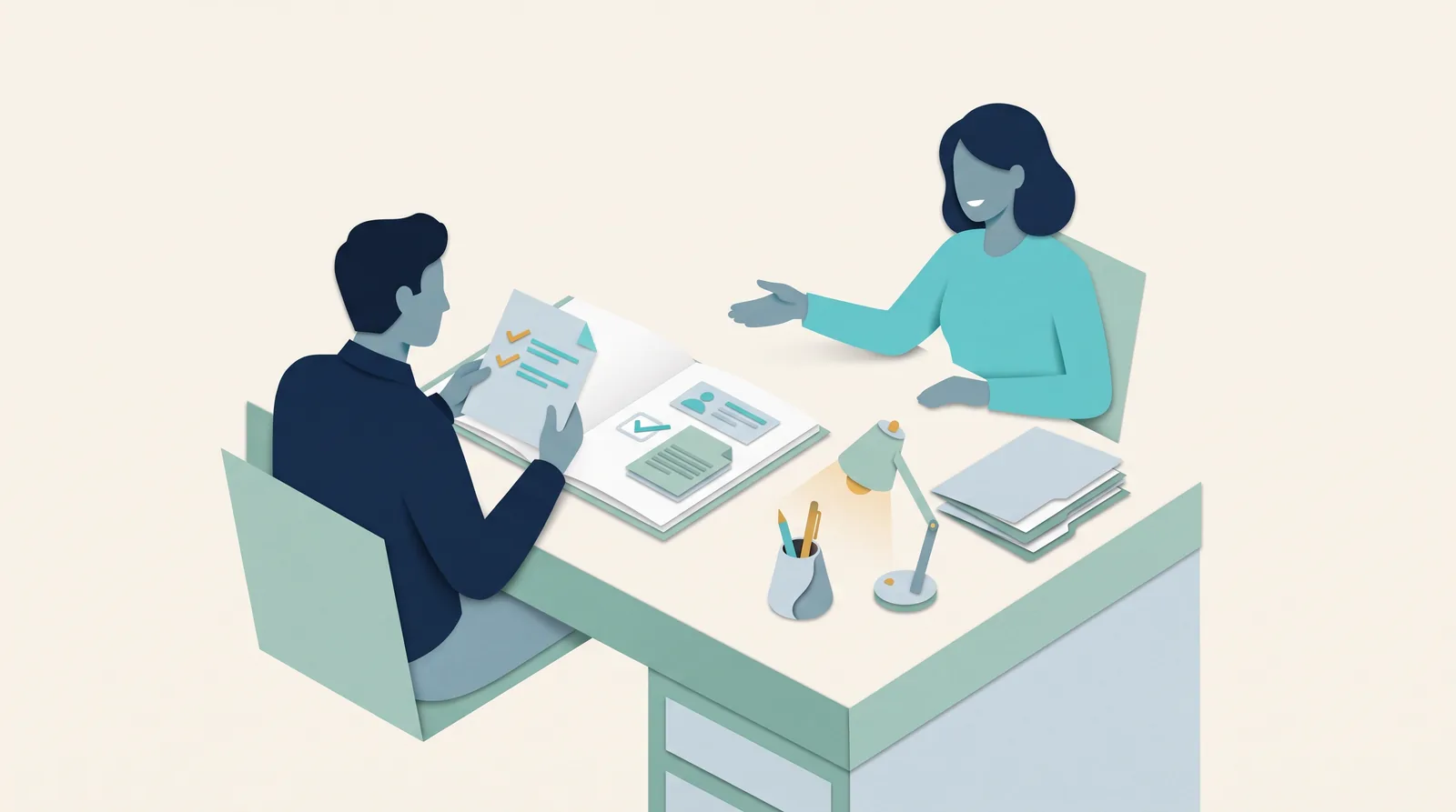 Two colleagues review checked invoicing documents and a buying checklist together at a desk before choosing service business software.