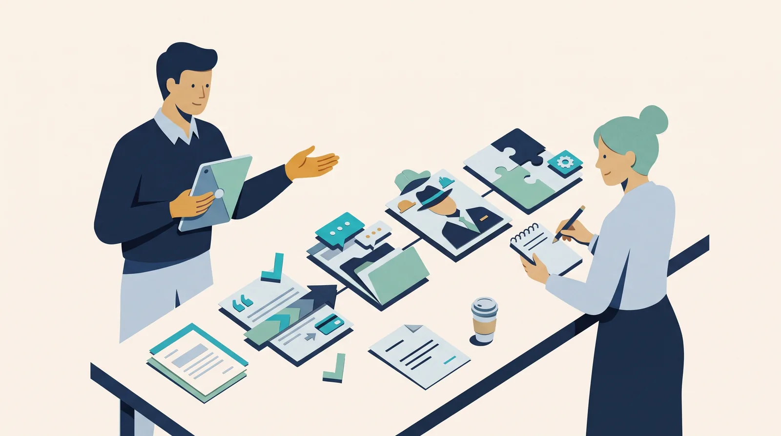 Two professionals compare invoicing workflows using document sets, checklists, chart cards, and integration puzzle pieces on a table.