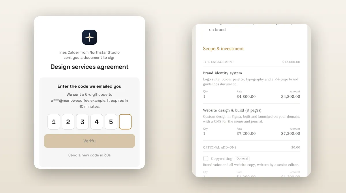 The contract signer's email code step beside a proposal's line items, both opened from links the client was sent.