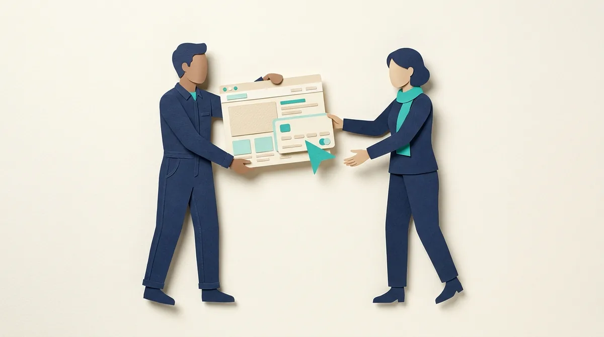Two paper figures review a storefront project brief and a separate change card.