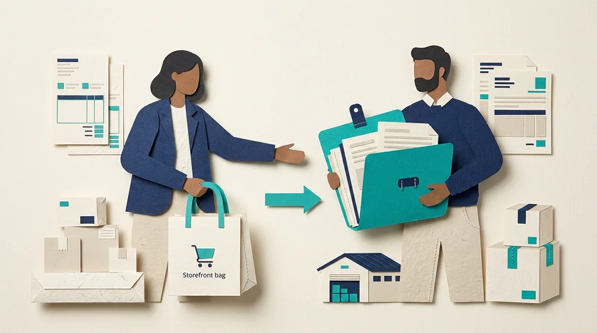 Two paper figures exchange order folders beside parcels and a storefront symbol.
