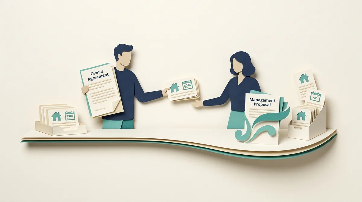 Two paper figures exchange property documents across a curved counter.