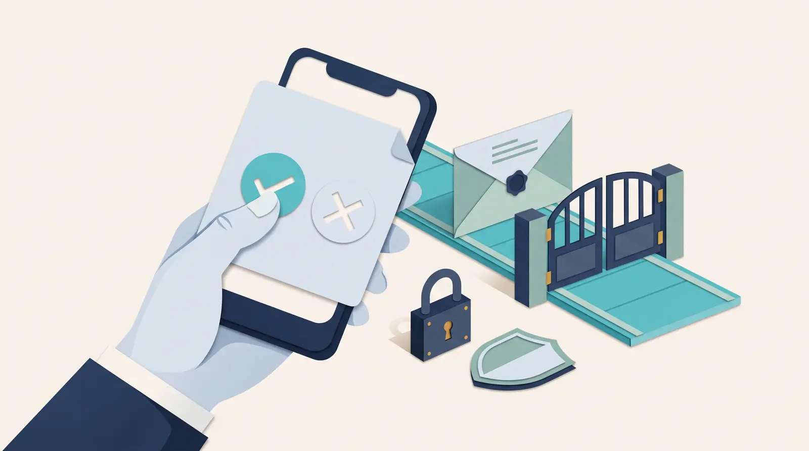 A thumb hovers over a check button on a phone confirmation card while a sealed invoice envelope waits behind a closed gate beside a padlock and shield.