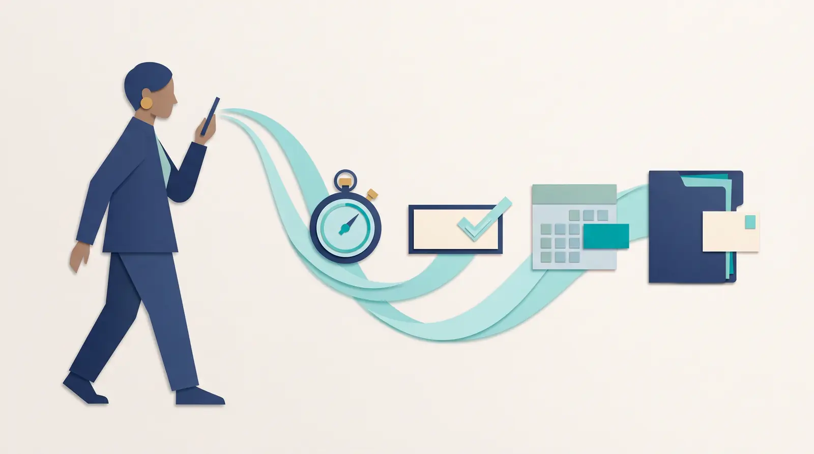 A business owner walking between jobs speaks into a phone as a teal ribbon starts a stopwatch, checks off a task, books a calendar slot, and files a client note.