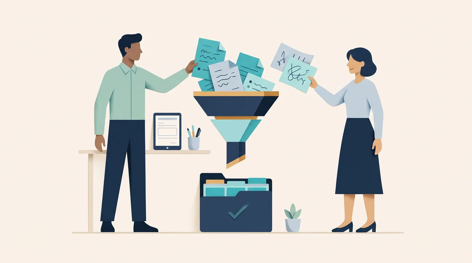 Two colleagues feed varied client notes through a shared intake funnel into an organized folder with a check mark.
