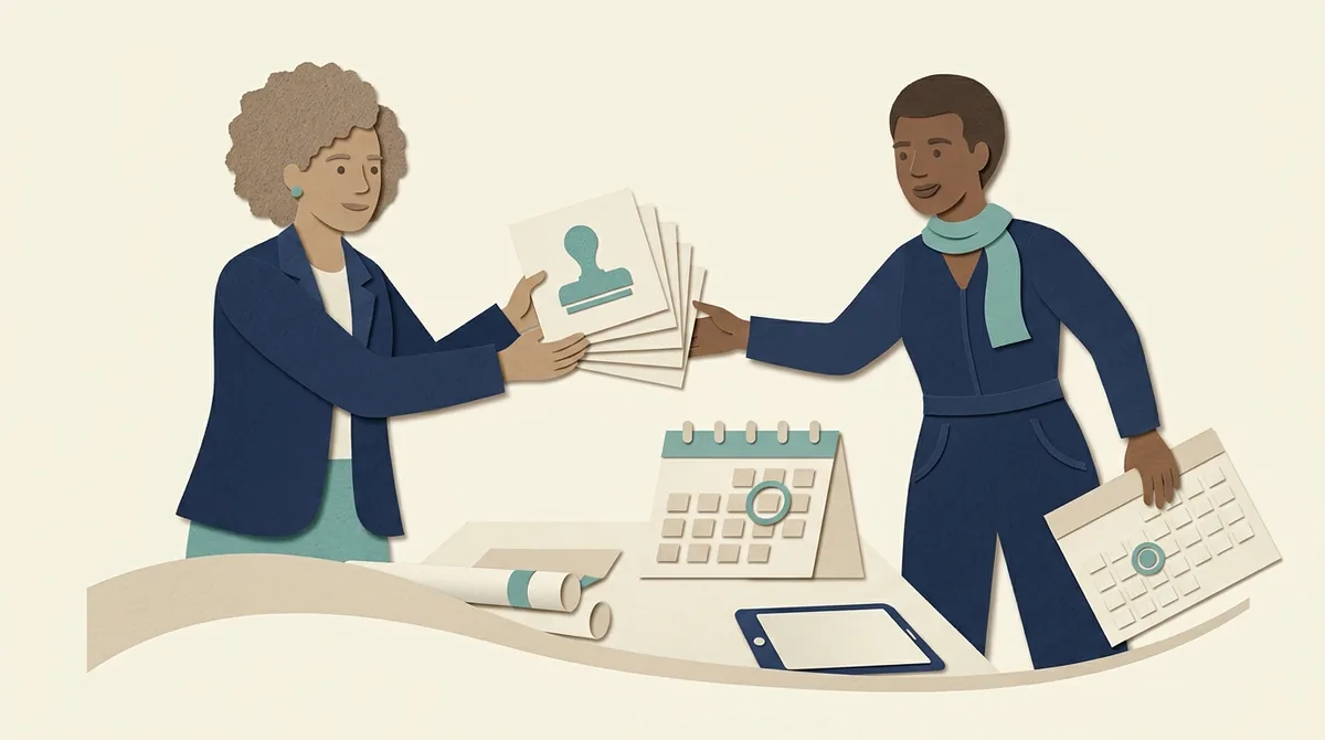 Two paper figures exchange a client brief beside approval cards and a calendar.