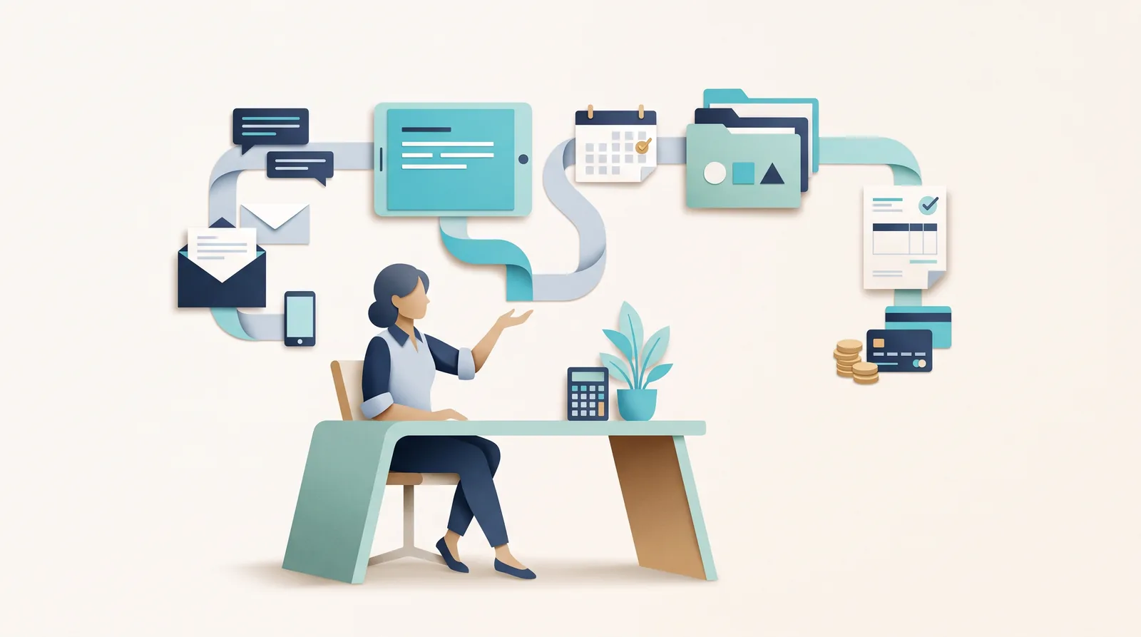 A solo entrepreneur coordinates client messages, appointments, project folders, invoices, and payments from one desk.