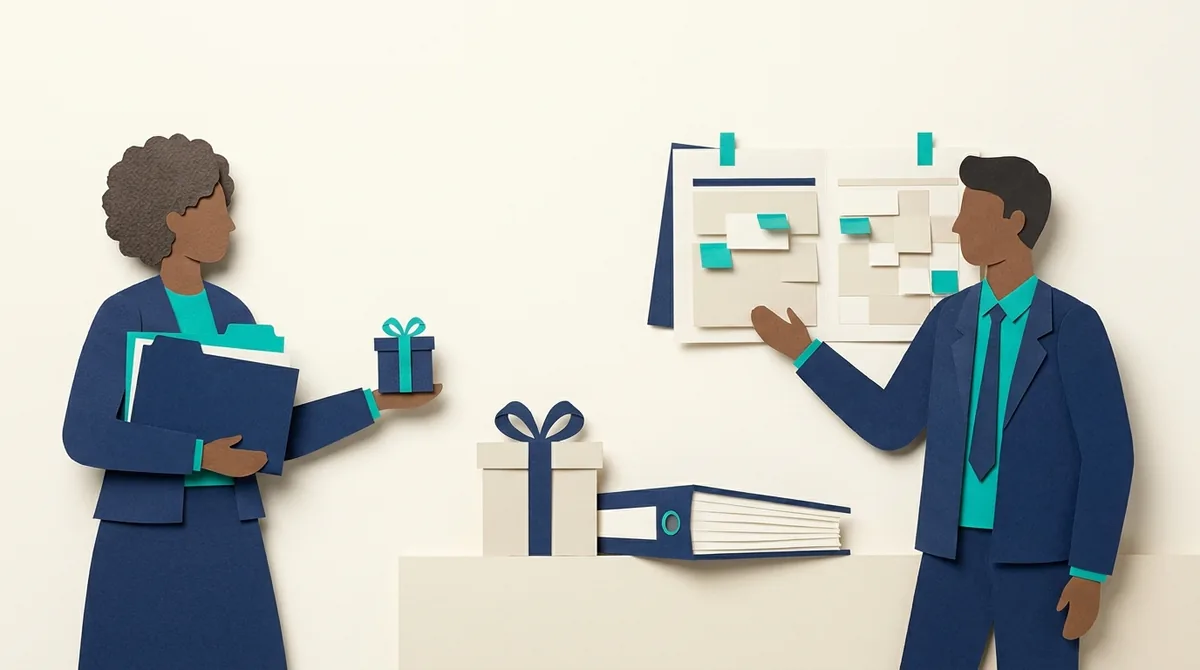 Two paper figures coordinate a boxed order beside a planning board.