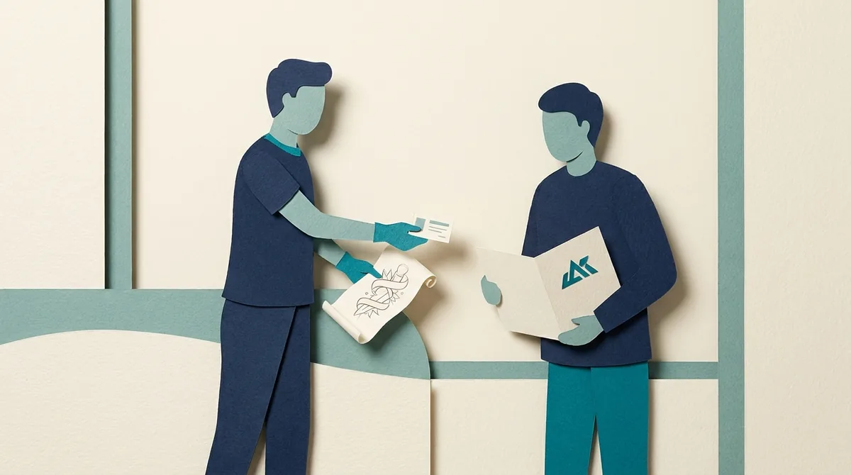 Two paper figures exchange a design brief and booking folder.