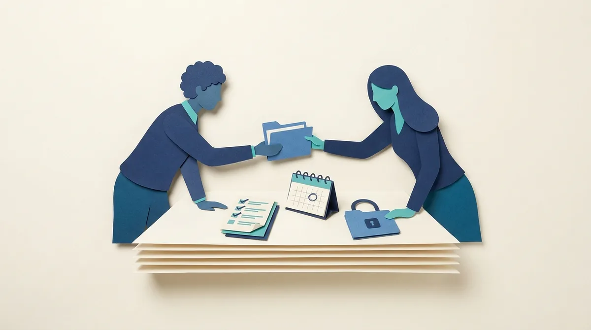 Paper figures coordinate a document request beside a calendar and locked folder.