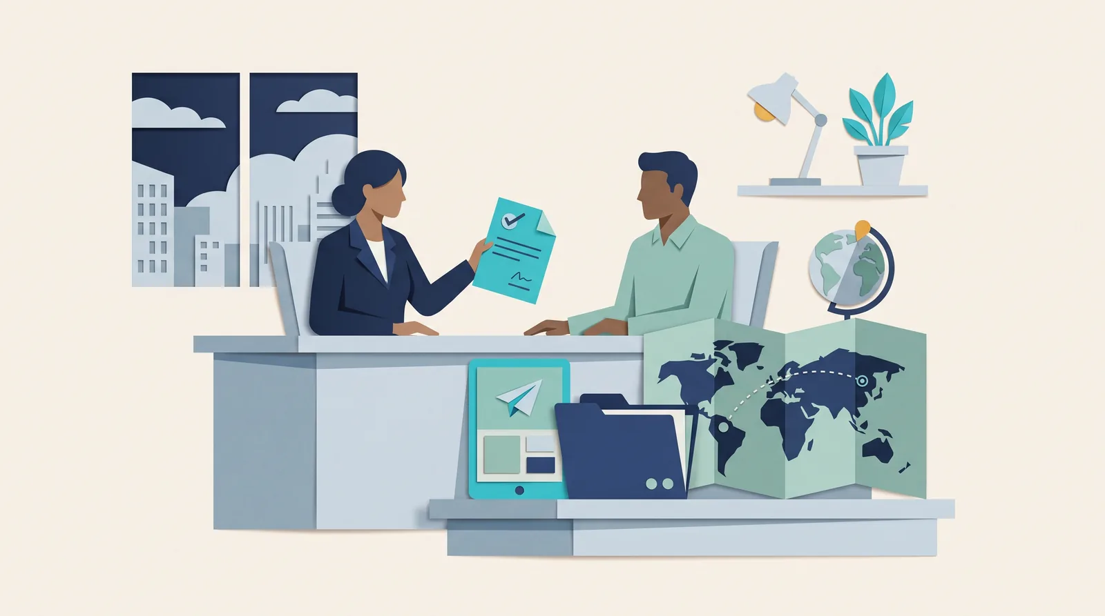A travel agent and client review an itinerary checklist beside travel documents, a suitcase, map, and globe.
