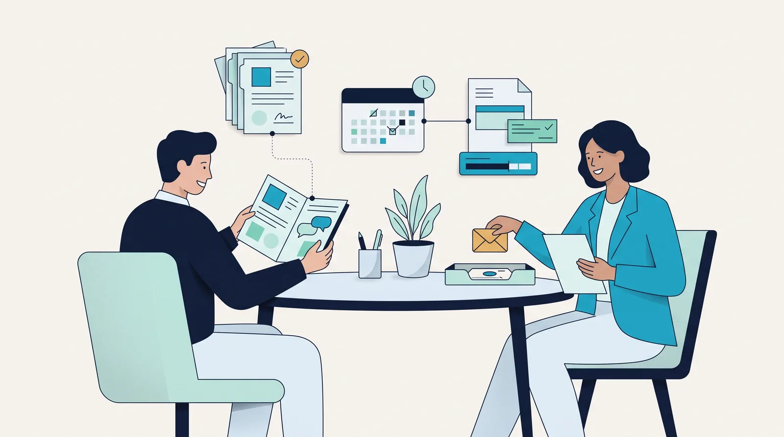 A tutor and client review lesson documents, session scheduling, and messages across a shared table.