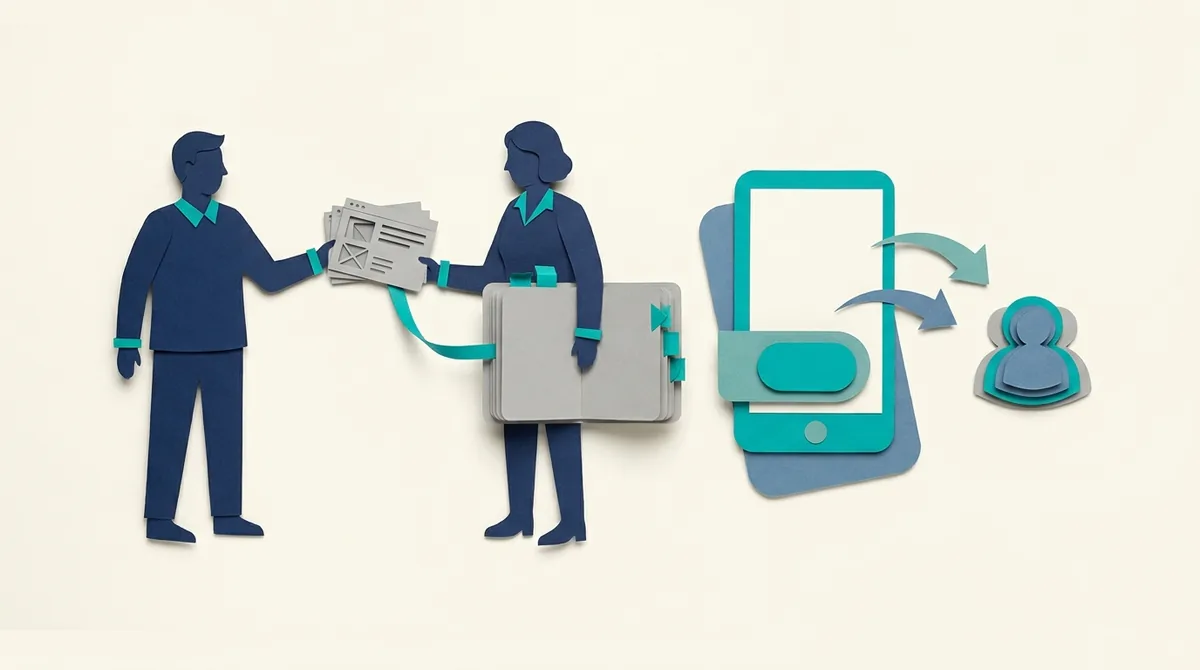 Paper figures exchange a research notebook beside a phone prototype and participant card.