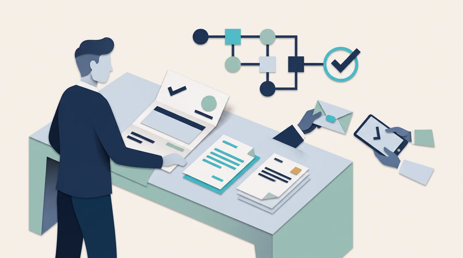 A professional reviews billing documents linked with messages, a calendar, and a checked client workflow beyond collecting payments.