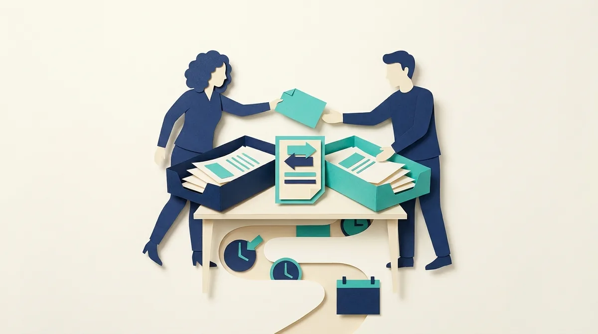 Paper figures exchange work requests over a desk with separate task trays.