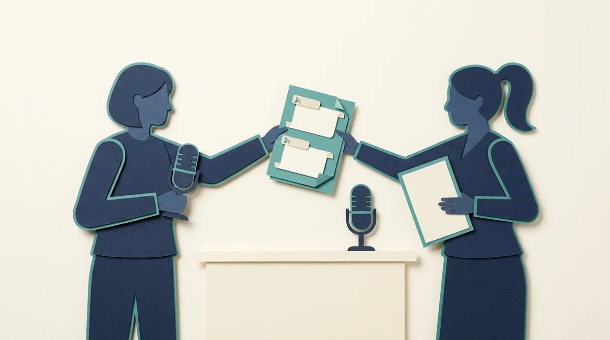 Two paper figures review revised scripts beside a tabletop microphone.