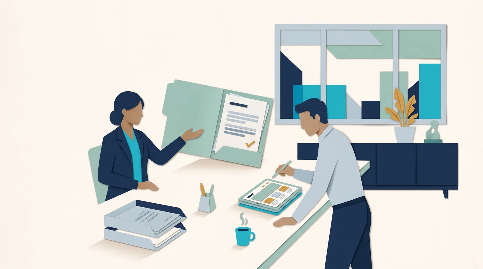 Web-design agency colleagues review a client brief, project checklist, and design plan together.
