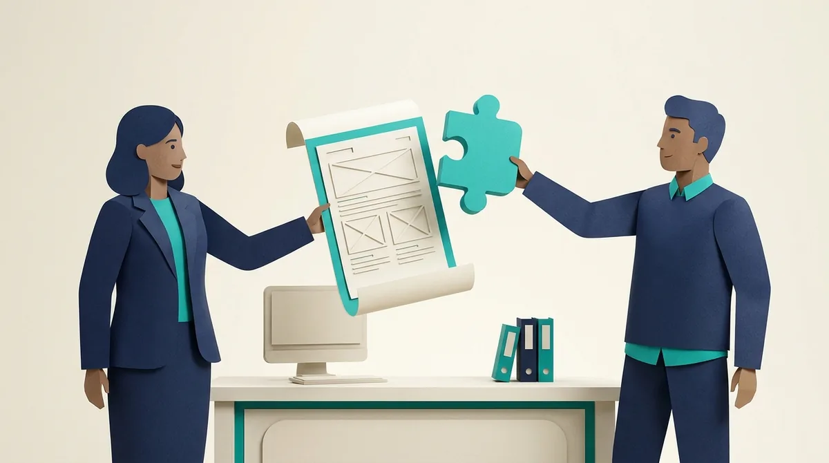 Two paper figures review a website plan and a separate integration puzzle piece.