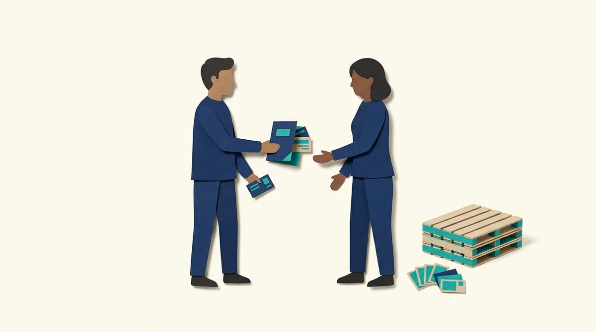 Two paper figures exchange folders beside stacked shipping pallets.