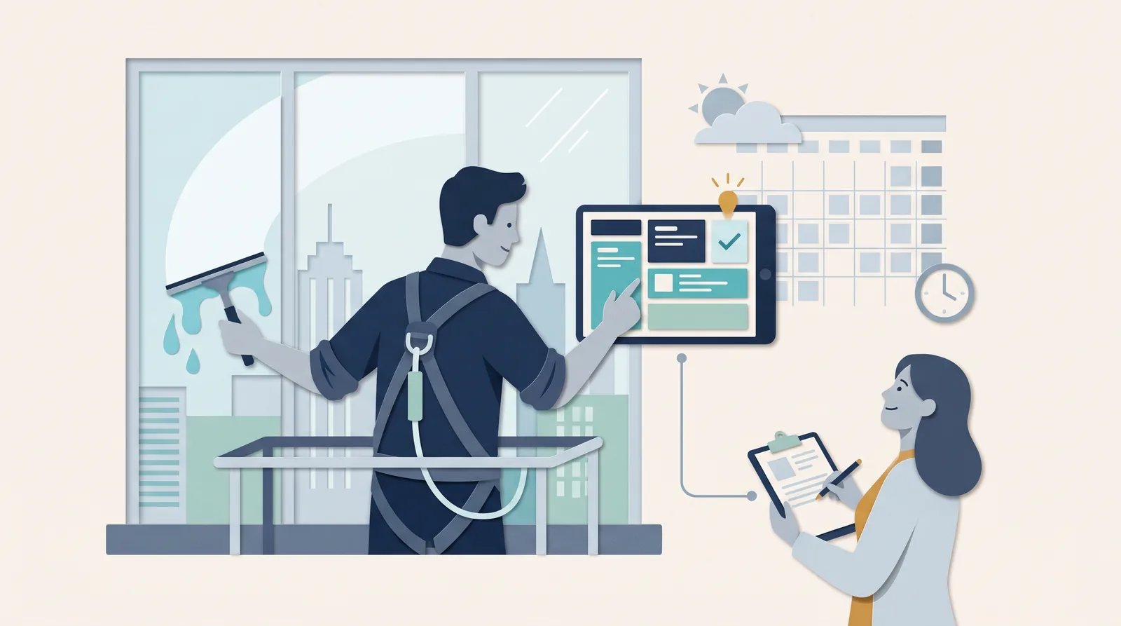 A window cleaner and office coordinator connect job checklists, appointment scheduling, and client records during a service visit.