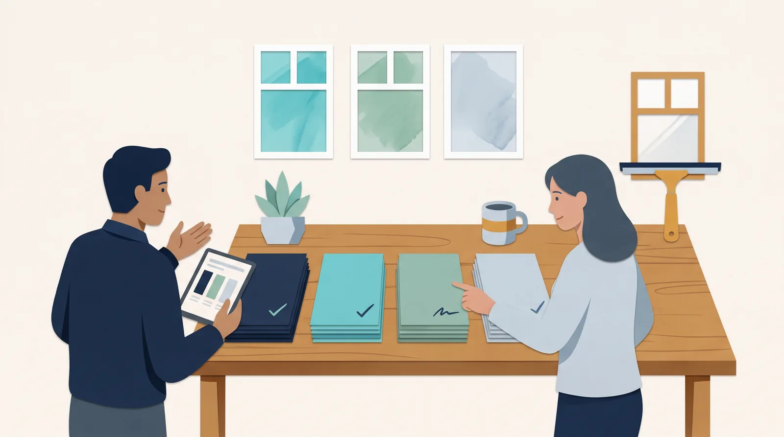 Window-cleaning colleagues compare service-workflow folders and a checklist beside cleaning equipment and window samples.