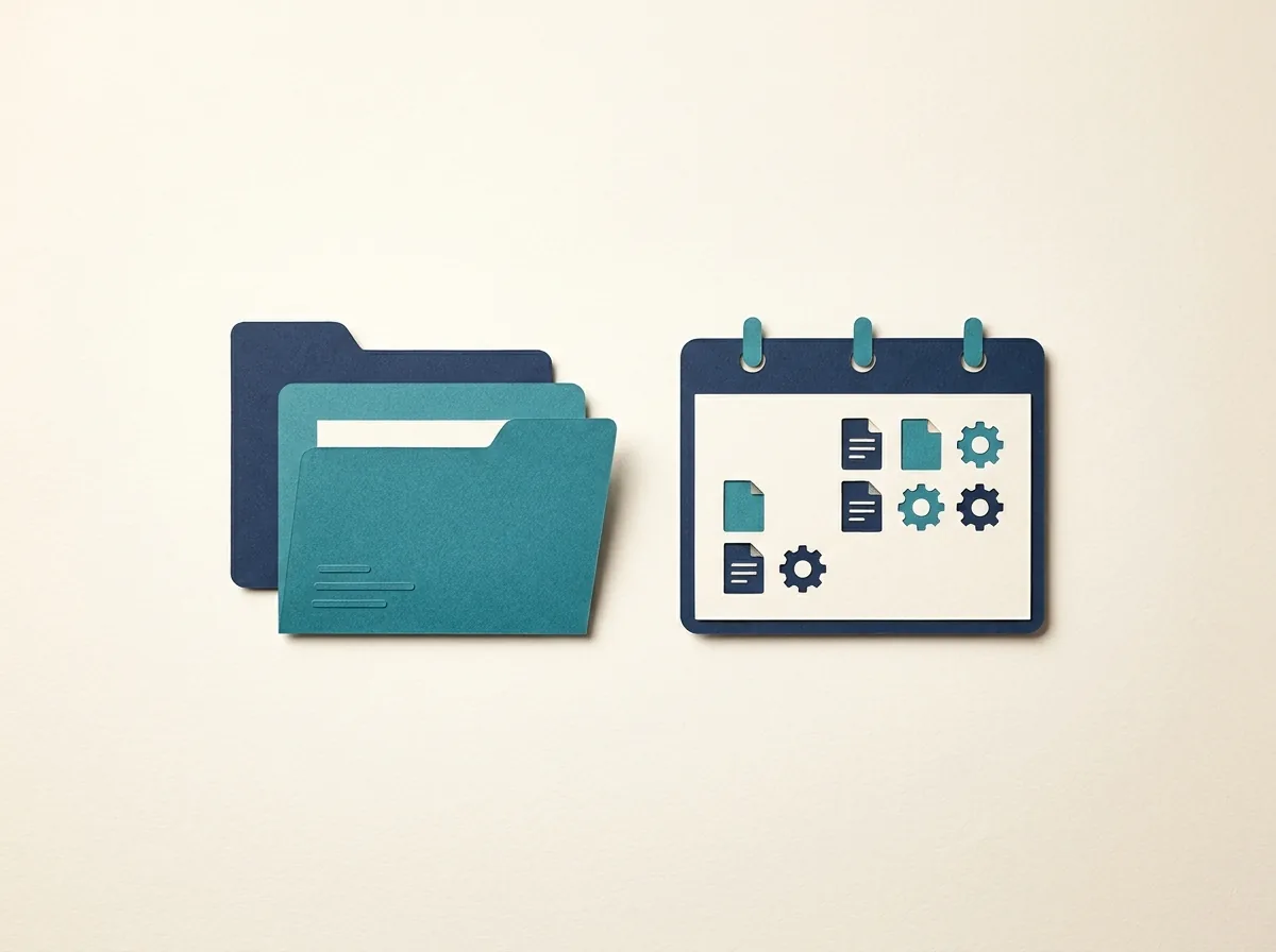 Two entity folders beside a document-request calendar.