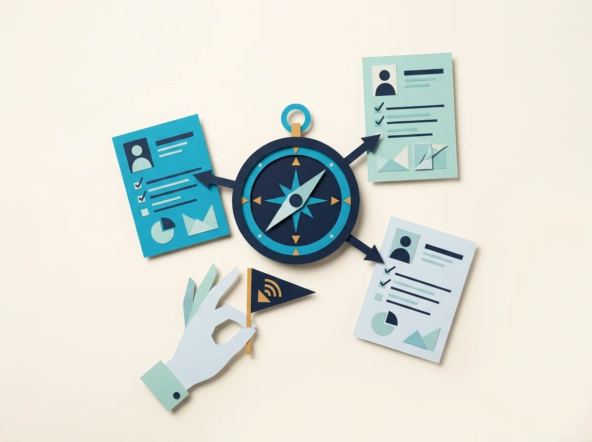 A compass directs arrows toward three client profile cards while a hand holds a communication flag.