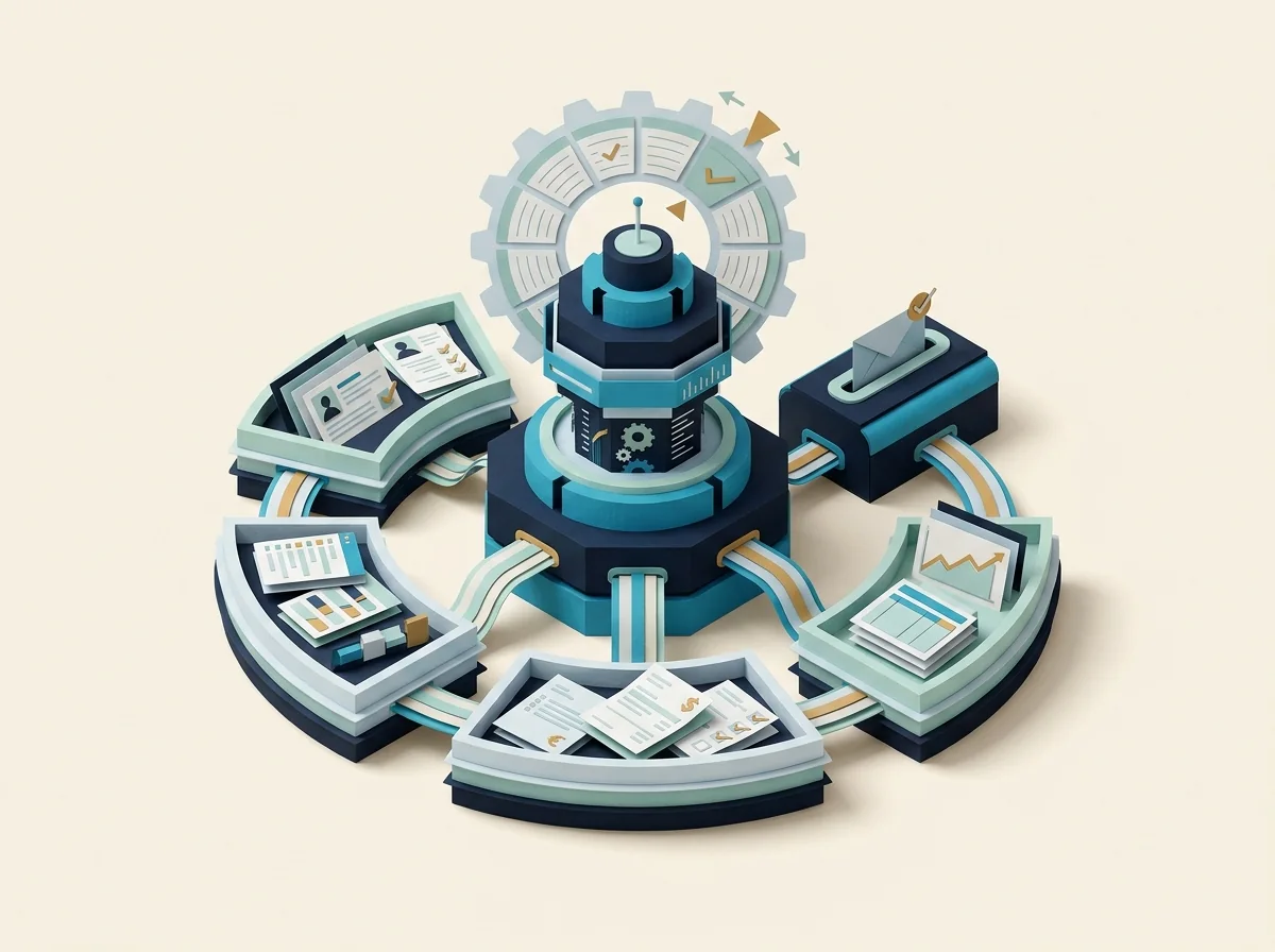 A central navy hub connects a calendar wheel and several small workstations holding client and project documents.
