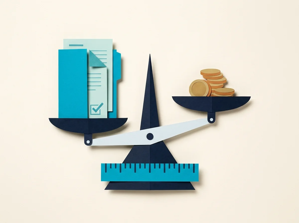 Project profitability illustrated by a balance comparing project documents with coins above a measuring ruler.