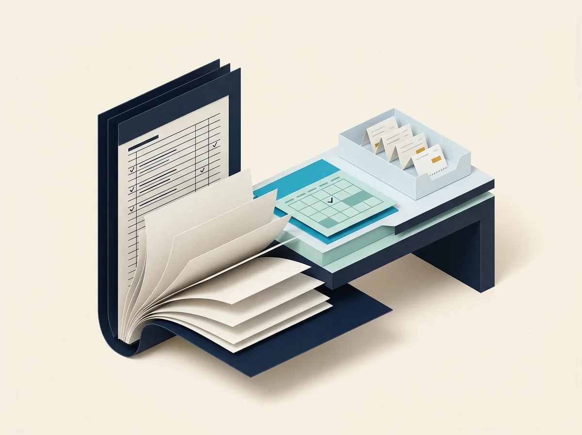 An open accounting ledger unfolds into a small desk holding a project sheet and a receipt tray.