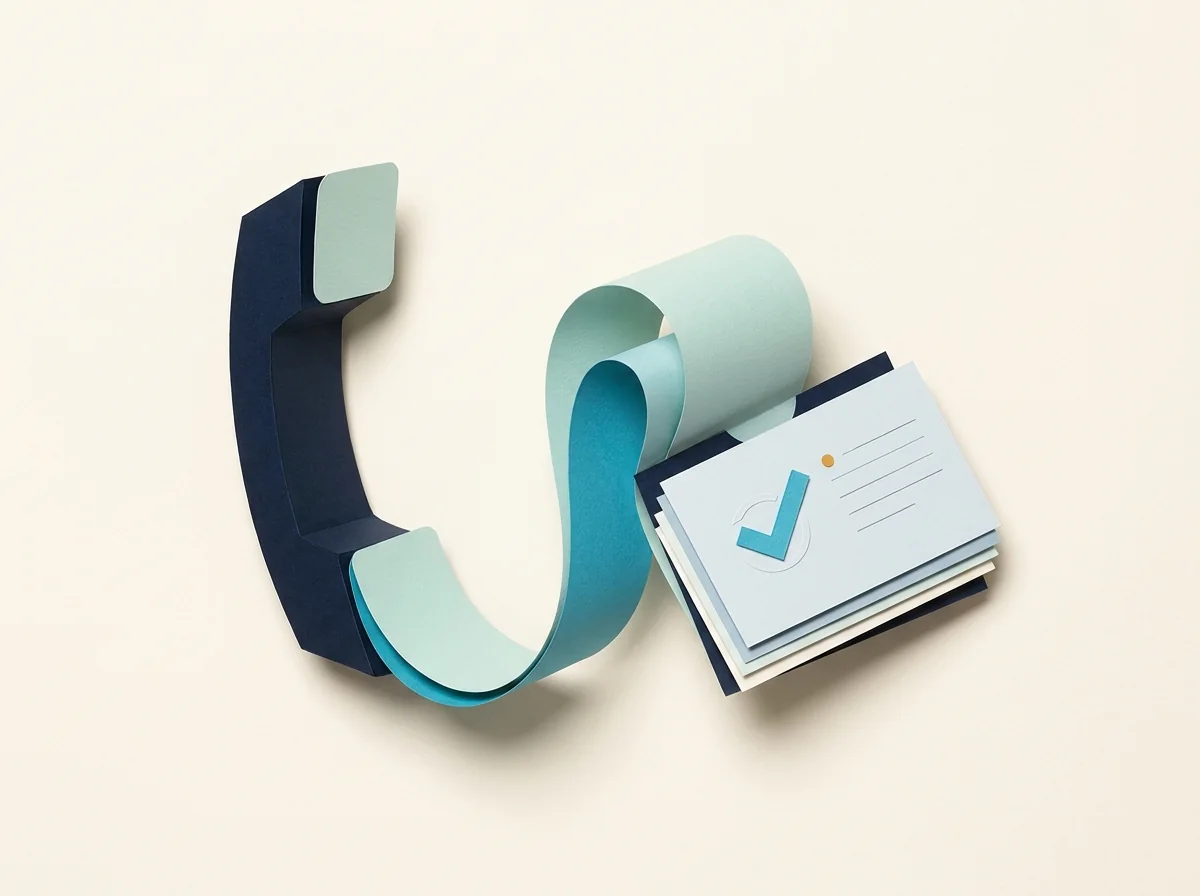 Un récepteur téléphonique relie un ruban turquoise incurvé à une pile de cartes récapitulatives cochées.
