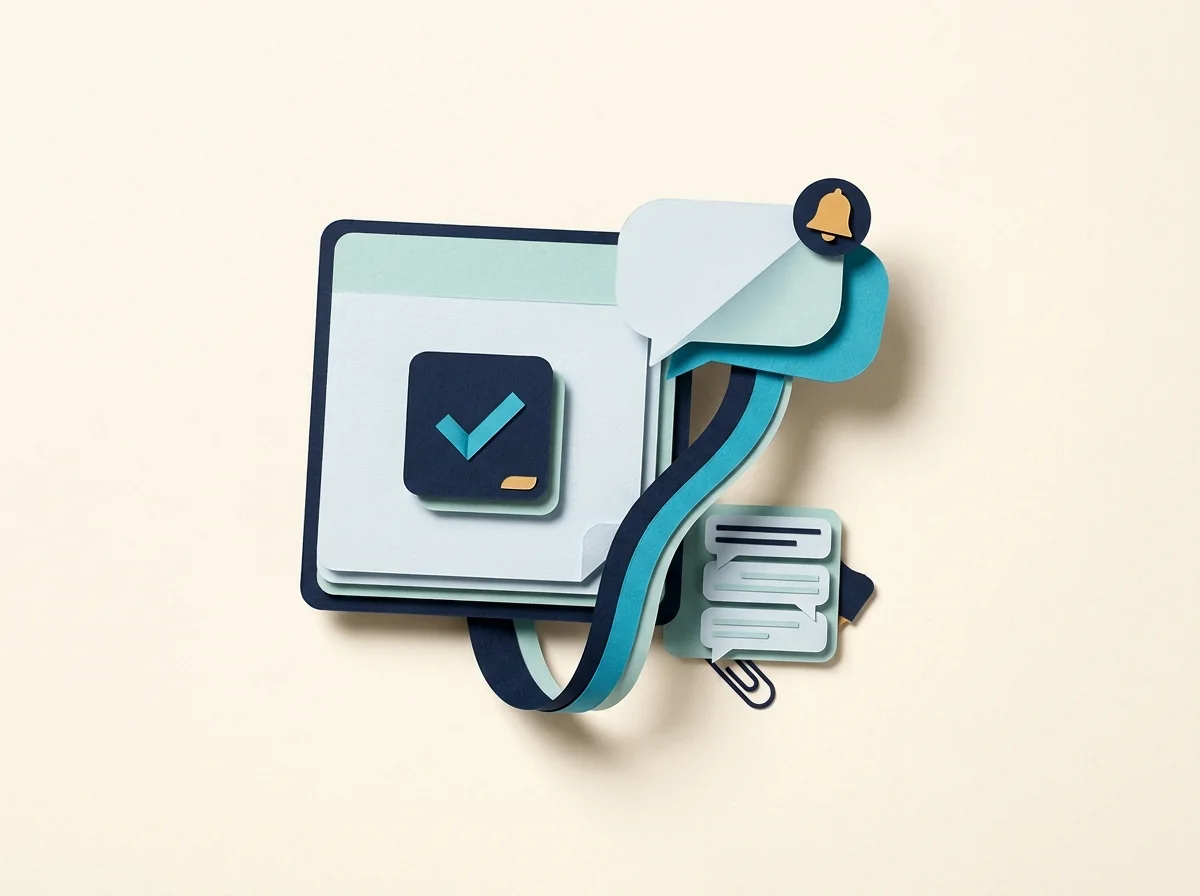 A planner with a raised check mark connects to message bubbles and a small reminder bell.