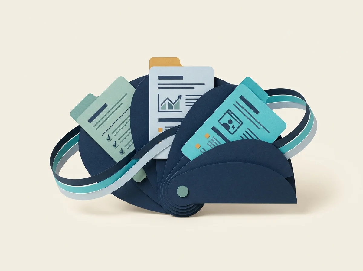 A rotating holder presents client profile cards and documents wrapped in a teal relationship ribbon.