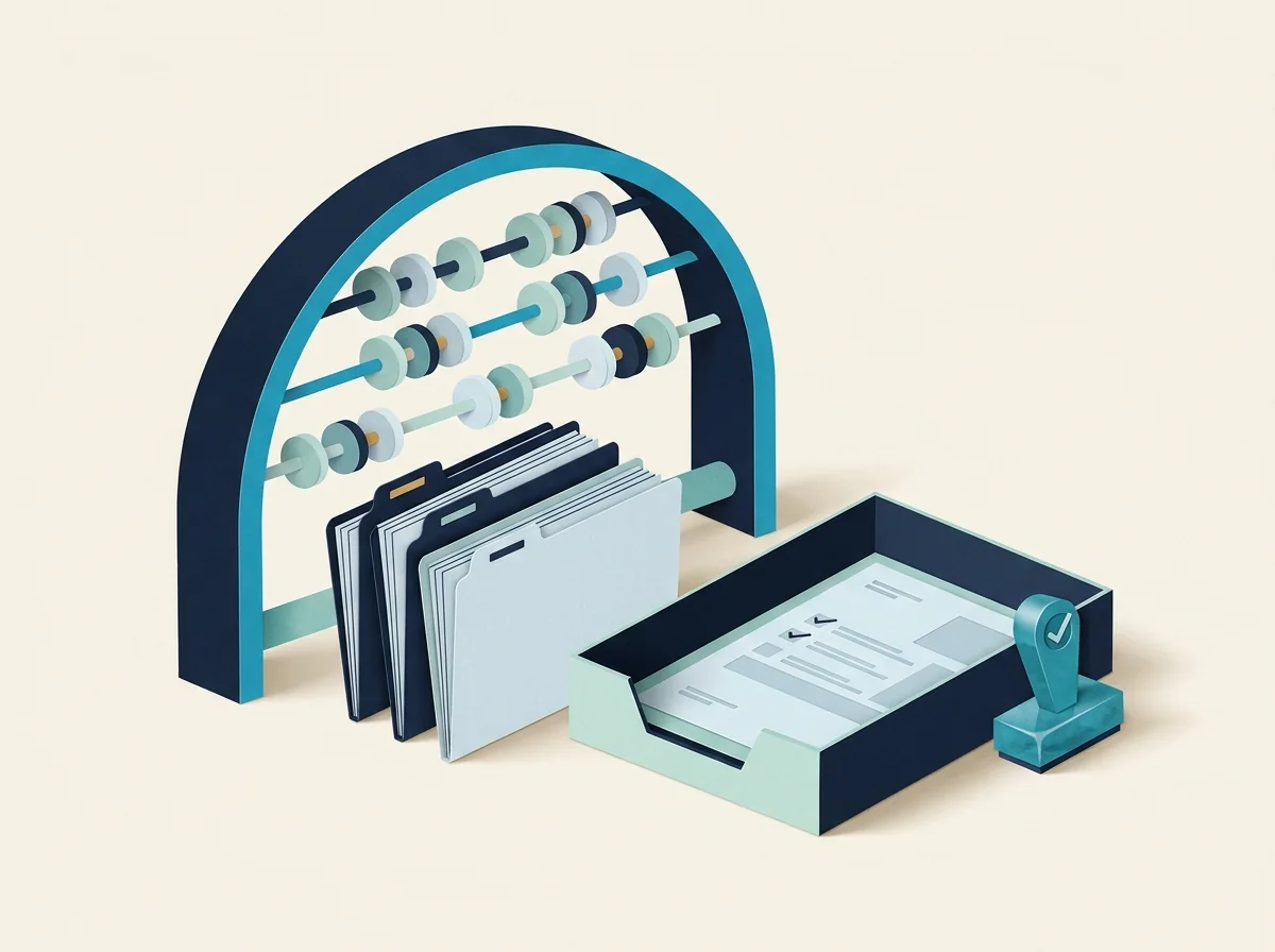 An arched abacus stands above client folders beside a document tray and a teal approval stamp.