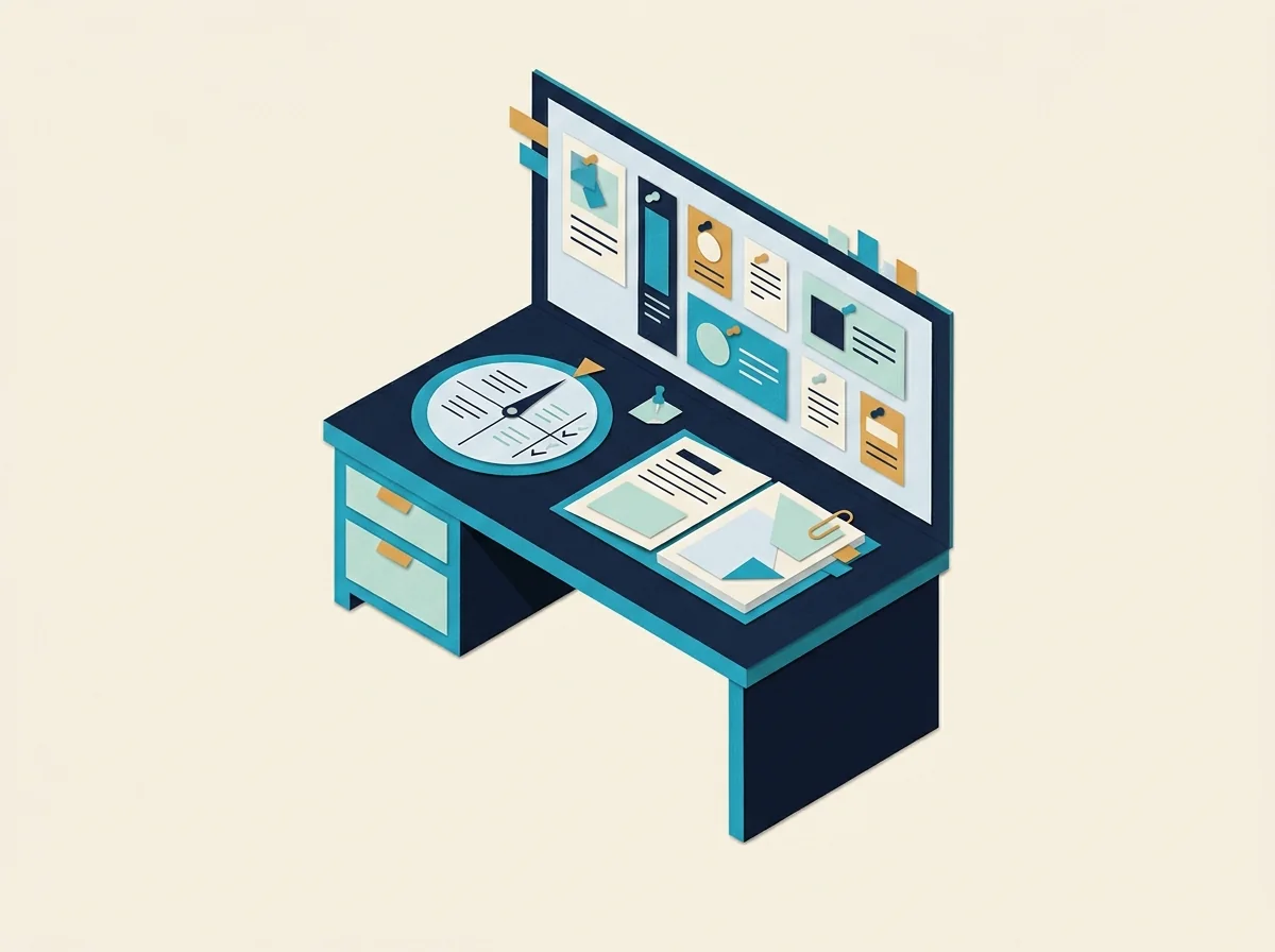 A miniature agency desk holds a scheduling dial and notebook beneath a pinboard of client and project cards.