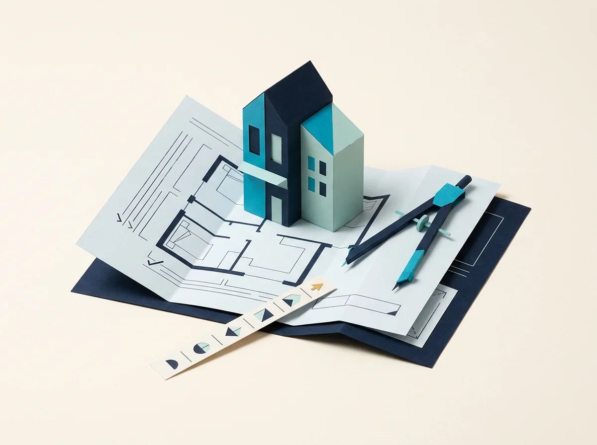 A miniature building rises from a folded floor plan beside a drafting compass and phase markers.