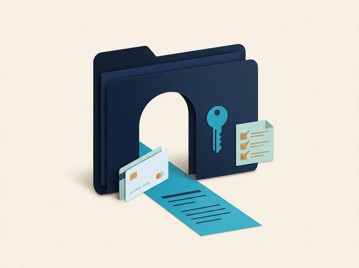 A navy folder forms a welcoming doorway with a key, checklist, and client card entering along a teal path.