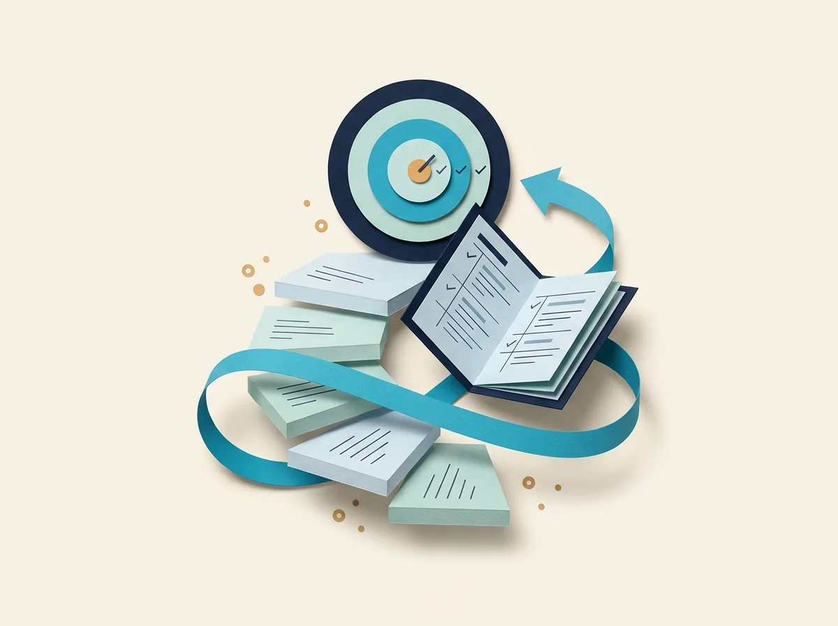A target rises above stepping stones and an open coaching notebook wrapped in a teal progress ribbon.